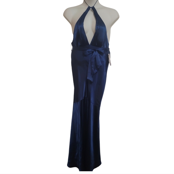 Niki by Niki Livas Dresses & Skirts - Niki by Niki Livas navy blue satin mermaid fishtail halter prom dress gown 8 nwt
